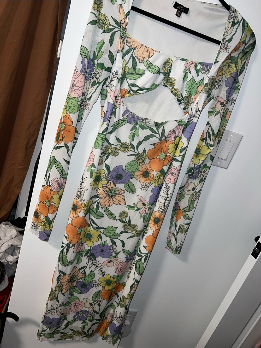 Long-Sleeve Floral Cutout Maxi Dress - White with Orange, Purple & Green Bloom